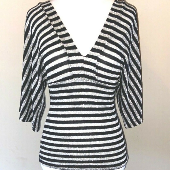 Black Silver Blouse Deep V Neck Shirt Top S - Picture 1 of 8